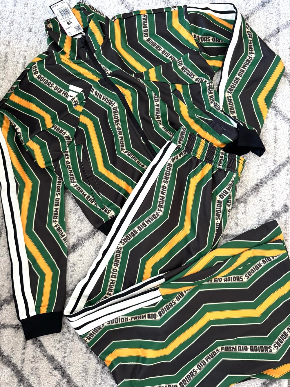 2 pc Adidas X Farm Tiro Green & Yellow Striped Tracksuit Jacket and Pants